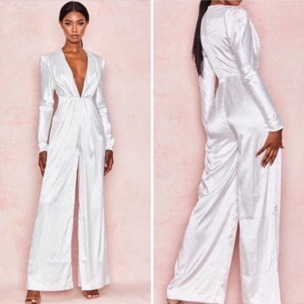 House of CB Rene White Satin Jumpsuit with Plunging V-Neck